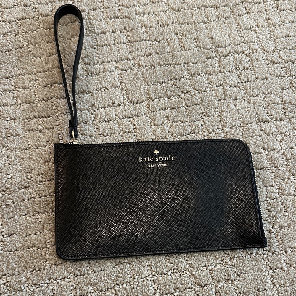 New kate spade black leather wristlet wallet with gold logo